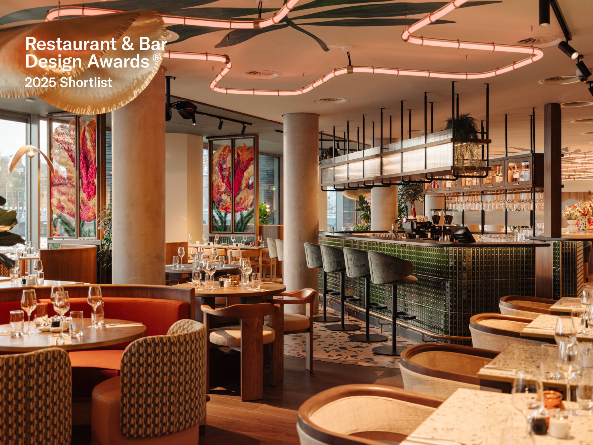 We Are EDN — bar area with embroidered tulip panels in background