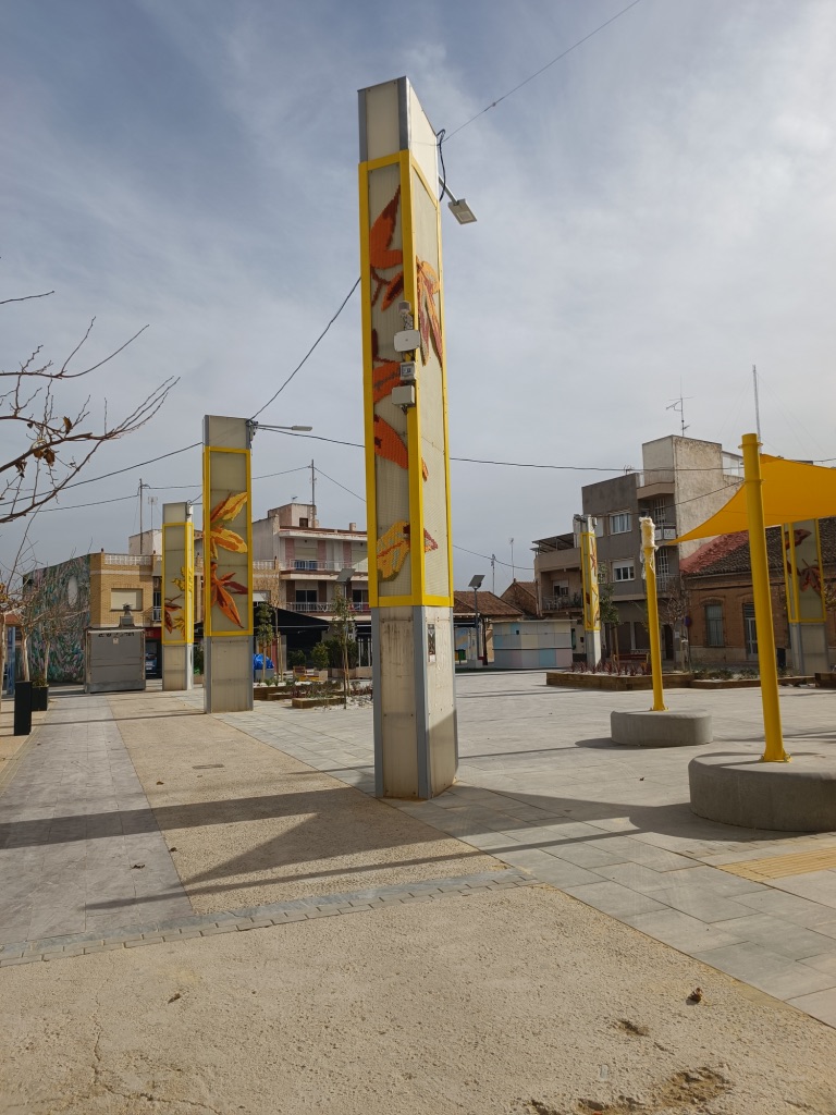 Katarsis — embroidered lampposts in the town square, Torre Pacheco
