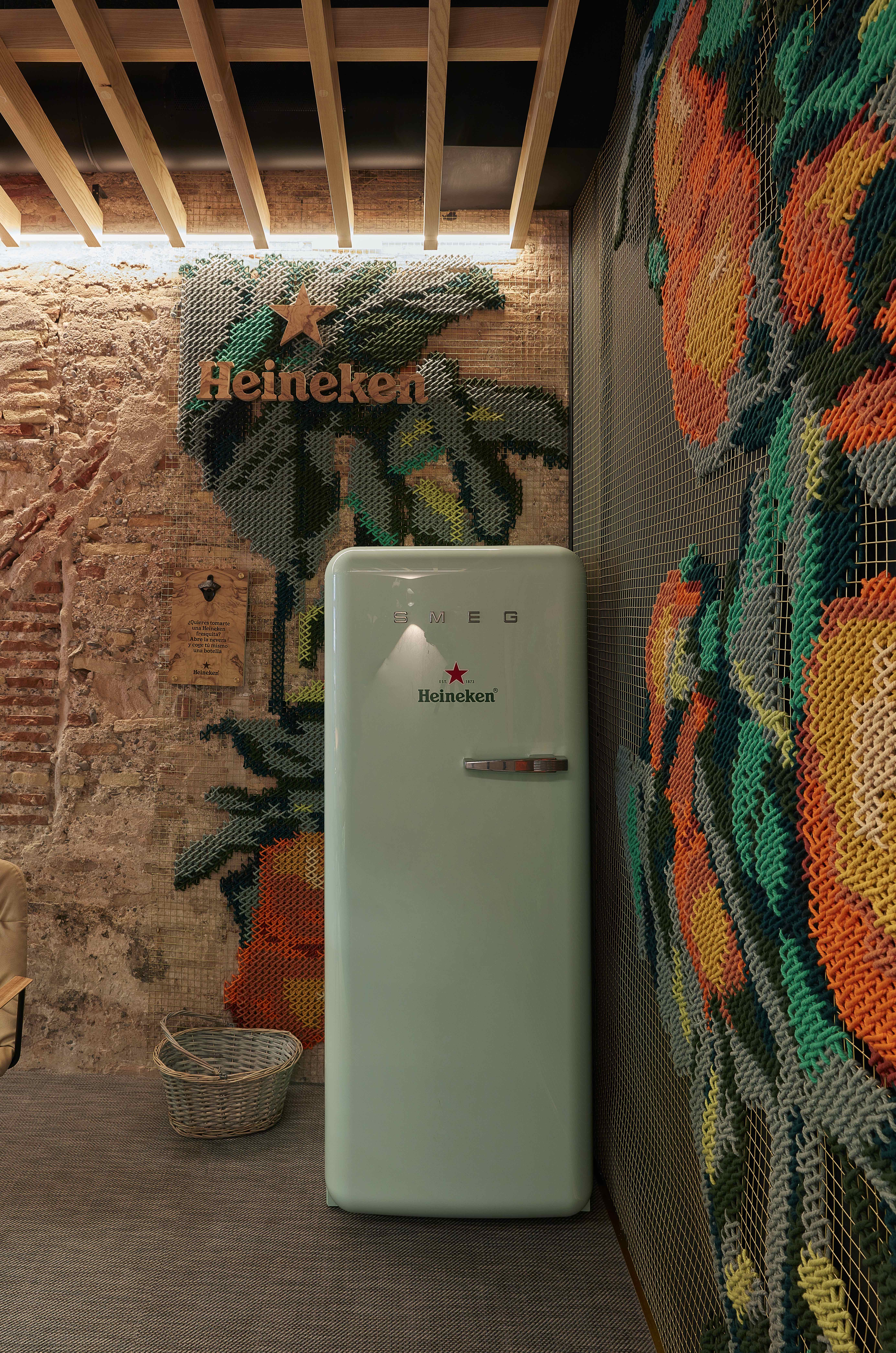 Vaqueta — full view of embroidered orange tree panel with dining table
